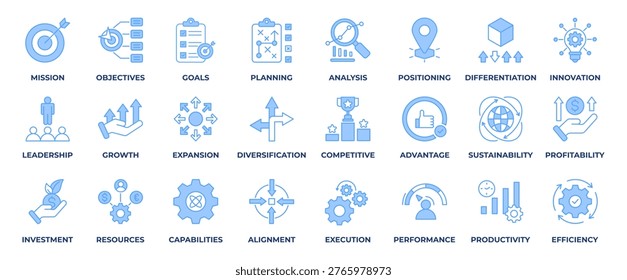 Business Strategy Icon Set. Containing icon mission, objectives, goals, planning, analysis, positioning, investment, innovation, leadership, growth and more. Blue Style Icon Vector Illustration.