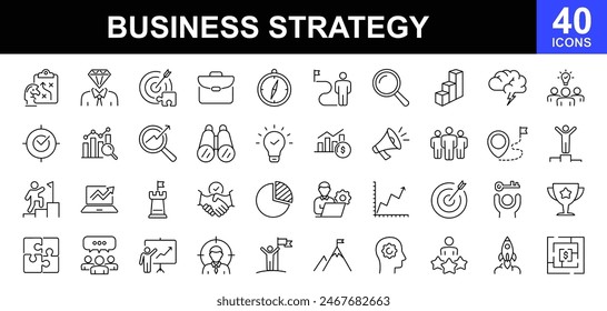 Business strategy icon set. Contains such icons as action list, research, solution, team, marketing, startup, advertising, business process, management and more