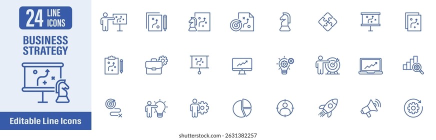 Business Strategy icon set. Contains icons as business strategy, planning, statistics, strategy, analysis, target, business, plan, process and more. Vector illustration.