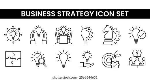 Business strategy icon set featuring analytics, planning, goal setting, teamwork, and management icons. Perfect for business presentations, marketing visuals, corporate designs, or startup projects.