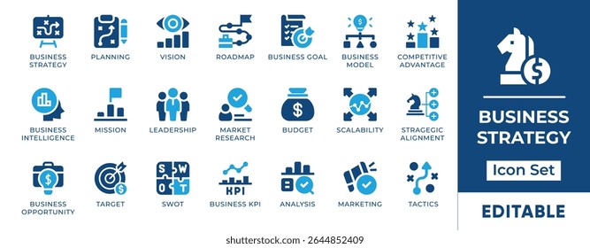 Conjunto de iconos de estrategia empresarial. Con iconos editables para estrategia, éxito y crecimiento. Ideal para empresas, consultores, startups y herramientas de planificación estratégica.