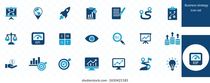 Business strategy icon set. Goal, vision, mission, planning, roadmap, business model, tactics, SWOT, competitive advantage