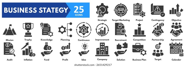 Business Strategy icon set. with icons of strategic, target marketing, project, contingency, objective, mission, trophy, knowledge, planning, continuous, improvement, recruitment,competition, partner