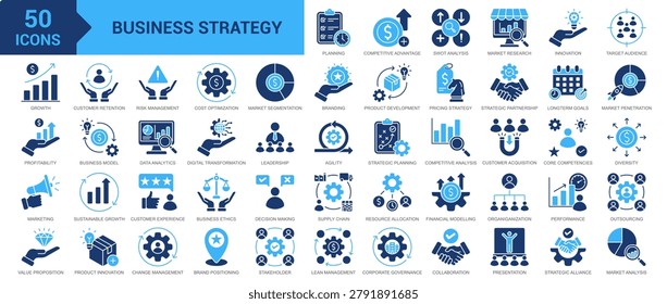 Business Strategy icon set. Project plan, competitive advantage, swot analysis, market research, business innovation, target audience, risk management, profitability and more. Solid vector icons