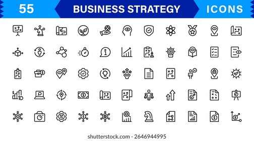 Business Strategy Icon Set Representing Growth, Planning, Success, Analytics, and Leadership in a Clean, Professional, and Market-Ready Vector Style