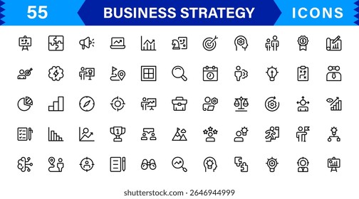 Conjunto de ícones de estratégia de negócios que representa crescimento, planejamento, sucesso, análise e liderança em um estilo de vetor limpo, profissional e pronto para o mercado