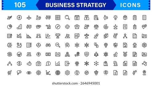 Business Strategy Icon Set Representing Growth, Planning, Success, Analytics, and Leadership in a Clean, Professional, and Market-Ready Vector Style