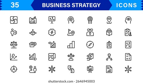 Business Strategy Icon Set Representing Growth, Planning, Success, Analytics, and Leadership in a Clean, Professional, and Market-Ready Vector Style