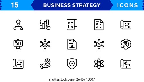 Business Strategy Icon Set Representing Growth, Planning, Success, Analytics, and Leadership in a Clean, Professional, and Market-Ready Vector Style