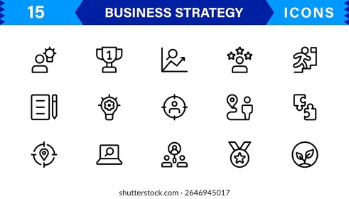 Conjunto de iconos de estrategia empresarial que representan el crecimiento, la planificación, el éxito, el análisis y el liderazgo en un estilo de Vector limpio, Profesional y listo para el mercado