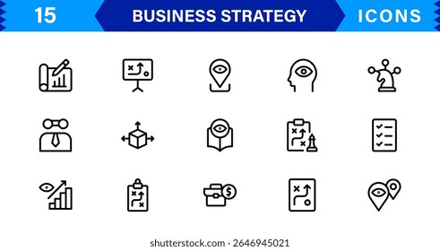Conjunto de ícones de estratégia de negócios que representa crescimento, planejamento, sucesso, análise e liderança em um estilo de vetor limpo, profissional e pronto para o mercado