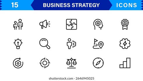 Business Strategy Icon Set Representing Growth, Planning, Success, Analytics, and Leadership in a Clean, Professional, and Market-Ready Vector Style