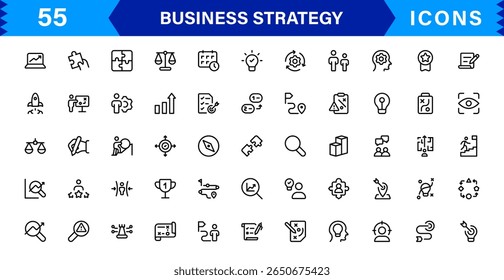 Business Strategy Icon Set Representing Growth, Planning, Success, Analytics, and Leadership in a Clean, Professional, and Market-Ready Vector Style