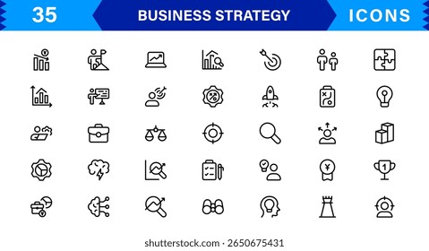 Business Strategy Icon Set Representing Growth, Planning, Success, Analytics, and Leadership in a Clean, Professional, and Market-Ready Vector Style