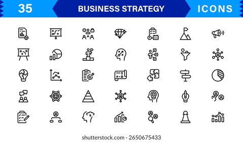 Business Strategy Icon Set Representing Growth, Planning, Success, Analytics, and Leadership in a Clean, Professional, and Market-Ready Vector Style