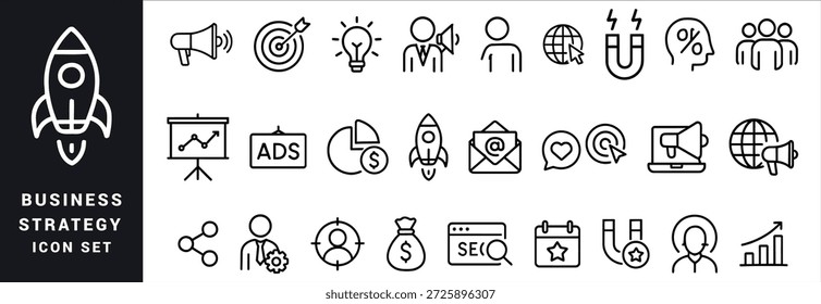 Conjunto de iconos de estrategia empresarial con gráfico de cohete y símbolos de personas Vector