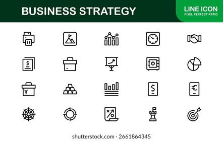 Conjunto de iconos de estrategia de negocios en estilo de Vector con conceptos de planificación, crecimiento, visión y éxito