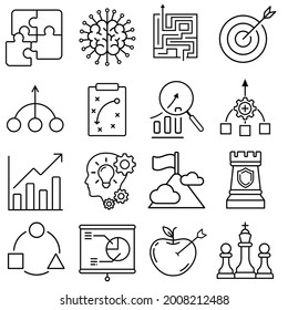 Juego de vectores de icono de estrategia de negocio. colección de signos de ilustración de programa de ventas. símbolo o logotipo de la campaña publicitaria.