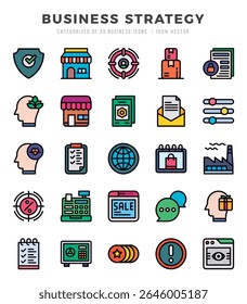 Business Strategy Icons Pack Lineal Color Style. Vector illustration.