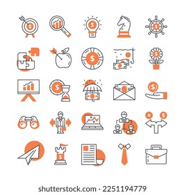 Business strategy icons set. Collection of graphic elements for website. Planning and goal setting, leadership and development. Cartoon flat vector illustrations isolated on white background