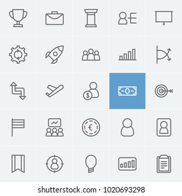 Business strategy icons set with euro, money and whiteboard elements. Set of business strategy icons and pennant concept. Editable vector elements for logo app UI design.
