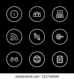 Business strategy icons set with globe, arrow and collaboration elements. Set of business strategy icons and group concept. Editable vector elements for logo app UI design.