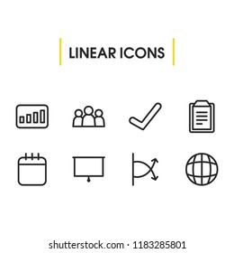 Business strategy icons set with globe, file and calendar elements. Set of business strategy icons and presentation concept. Editable vector elements for logo app UI design.