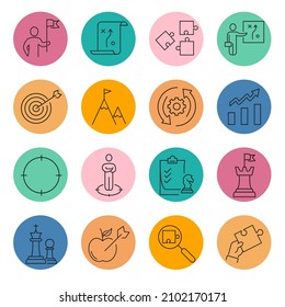 Iconos de la estrategia de negocio configurados. Símbolo de paquete de estrategia de negocio vectores para web de infografía