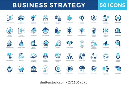 Business-Strategie-Symbole mit Geschäftsplan, Vision, Mission, Zielsetzung, Strategie, Swot, Wettbewerbsvorteil, Marktforschung, Geschäftsmodell, strategischem Alignment-Symbol Einfache flache Vektorgrafik 
