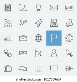 Business strategy icons set with presentation, graph and case elements. Set of business strategy icons and shuttle concept. Editable vector elements for logo app UI design.