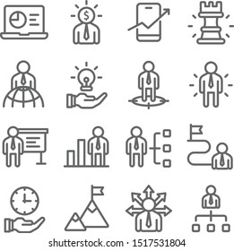 Business strategy icons set vector illustration. Contains such icon as head hunting, employee management and more. Expanded stroke
