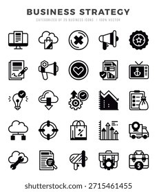 Conjunto de iconos de estrategia empresarial. Ilustración vectorial.