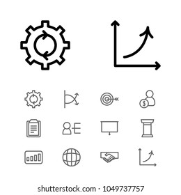 Business strategy icons set with whiteboard, handshake, skills elements. Set of business strategy icons and dartboard concept. Editable vector elements for logo app UI design.