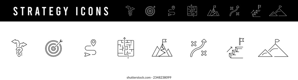 Business strategy icons. Strategy target finance goal icon set