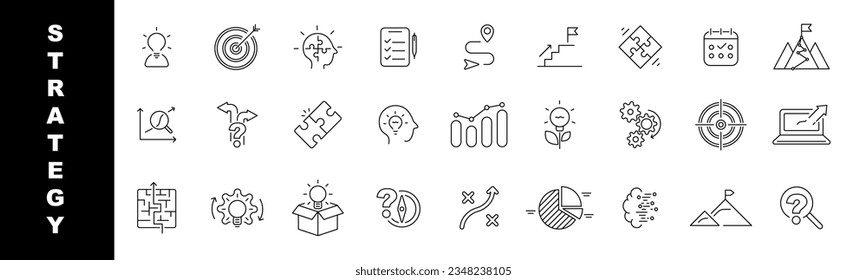 Business strategy icons. Strategy target finance goal icon set. Success linear icon illustration