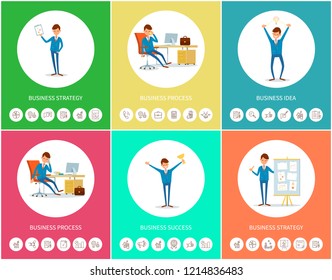 Business strategy and idea, success planning of businessman vector. Isolated conceptual icons in flat style. Presentation of successful office worker