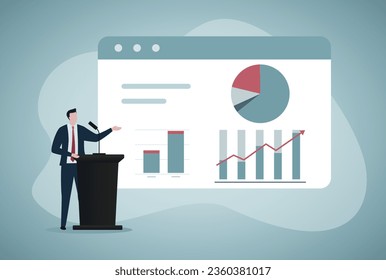 Business strategy illustration. Characters doing presentation, demonstrating financial growth. Strategy, planning and success concept. Vector illustration.