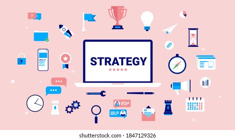 Business strategy illustration - Laptop computer with title, and strategic icons and illustrations in background. Vector.