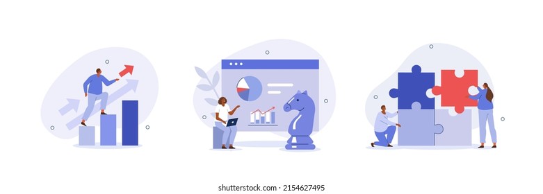 Business strategy illustration set. Characters assembling jigsaw puzzle, moving chess figure, demonstrating financial growth. Strategy, planning and success concept. Vector illustration. - Shutterstock ID 2154627495