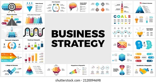 Infografía de estrategia empresarial. Plantillas de diapositivas de presentación. 3, 4, 5, 6, 7, 8 pasos. Inicio correcto. Escaleras arriba. La cima de la montaña. Gráfico de esquema financiero, gráfico, diagrama de círculo, informes. estrategia. 