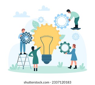 Business strategy of innovation and creative solutions vector illustration. Cartoon tiny people combine gears to engine inside light bulb to customize business process, organization development