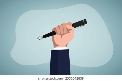 Business strategy, innovation or education concept. Businessman holding a pen, ready to sign contract.