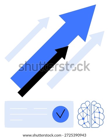 Business strategy, innovation, progress, decision-making, technology trends, data analytics. Arrows pointing upward, brain symbol checkmark icon. Growth and innovation
