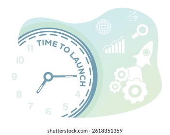 Business strategy with innovation and project launch. Clock with gear icon, rocket and growth chart. Flat vector illustration.
