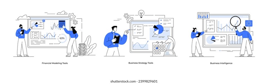 Business strategy, business intelligence and financial modelling tools. Collection of scenes with men and women taking part in business activities. Business strategy and planning tools set. Startup