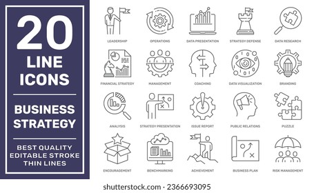 Conjunto de iconos relacionados con la estrategia de negocio y la inteligencia de negocios. Innovaciones en gestión. Trazo editable. EPS 10