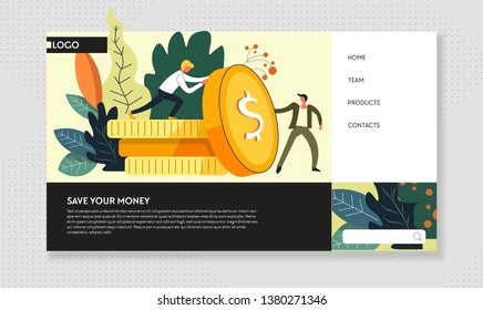 Business strategy Internet site template save money web page vector businessman and big gold coins and abstract plants earning and profit gaining successful entrepreneurship search and navigation