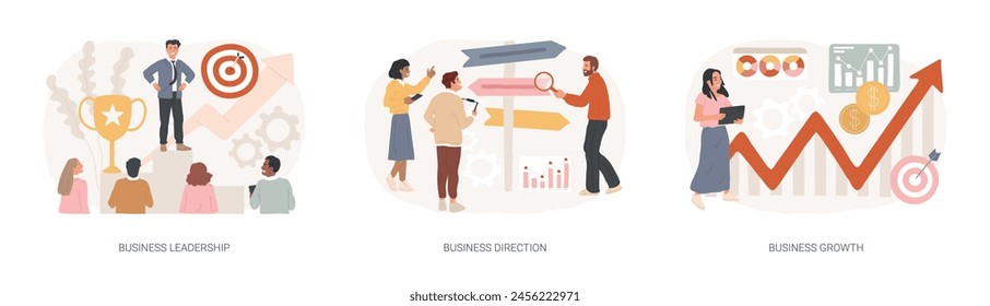 Business strategy isolated concept vector illustration set. Business leadership, direction and growth, goal achievement, planning, vision and setting goals, team investment vector concept.