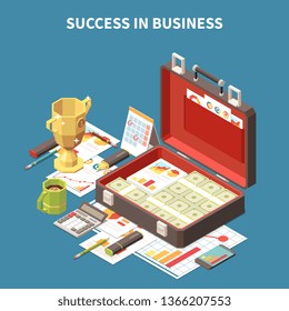 Business strategy isometric 3d composition success in business description and suitcase with dollar bills and personal stuff vector illustration