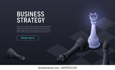 Business strategy isometric. Chess pieces at board. Planning and vision of future. Entrepreneurship and investing, trading. Landing webpage design. Cartoon volumetric vector illustration